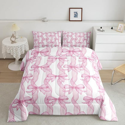 Girls Pink Bow Comforter Set King Size,Sweet Bow Ribbon Print Bedding Sets 3Pcs,Princess Style Girly Quilted Duvet for Kids Teens Woman Youth Room Decor,Bowkont Lines Down Comforter,2 Pillowcases