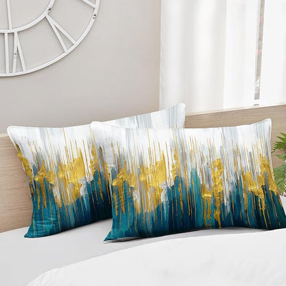 Lake Blue White Golden Gradient Print Comforter Set Queen Size,Abstract Art Bedding Set,Patchwork Printed Quilted Set for Teens Adult,with 1 Comforter and 2 Pillow Case