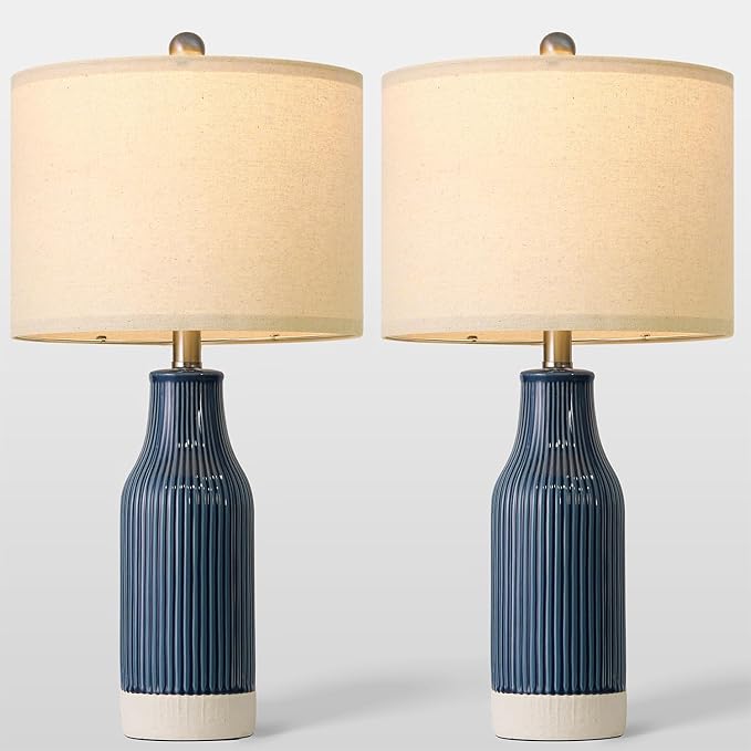 23.75" Modern Ceramic Table Lamps Set of 2, Stylish Bedside Lamps for Bedroom, Gorgeous Lamps for Nightstand, Lamps for Living Room, Farmhouse End Table Lamps, Blue Home Decor
