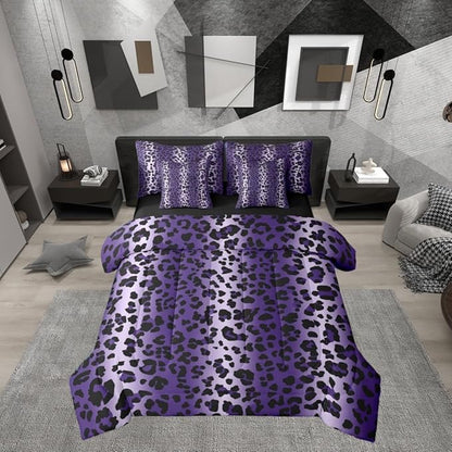 Erosebridal Purple Ombre Leopard Print Women King 7-Piece Comforter Set | Animal Skin Pattern Sheets and Pillowcases Cheetah Gradient Fur Bed in A Bag Men Adults Bed Sets