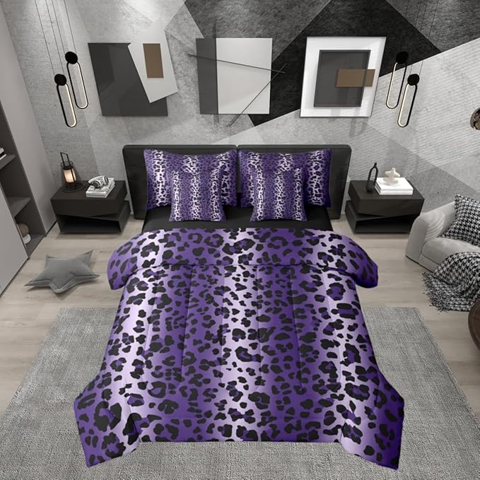 Erosebridal Purple Ombre Leopard Print Women Comforter Set Queen Size 7 Pieces | Animal Skin Pattern Bed in A Bag Cheetah Gradient Fur Bed Set Men Adults Bedding