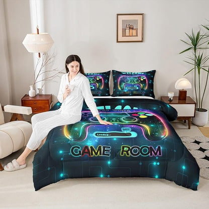 jejeloiu Cool Gamer Bedding Set King Size for Boys 3D Gaming Comforter Set Kids Teens Bright Color Duvet Set Modern Game Console Quilt Set 3Pcs