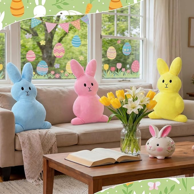 4 Pcs 17 Inches Colorful Easter Pillows Bunny Rabbit Throw Pillows Soft Rabbit Plush Hugging Pillow Cute Bunny Stuffed Cushion Gift for Easter Sofa Couch Living Room Bedroom Home Office Decor