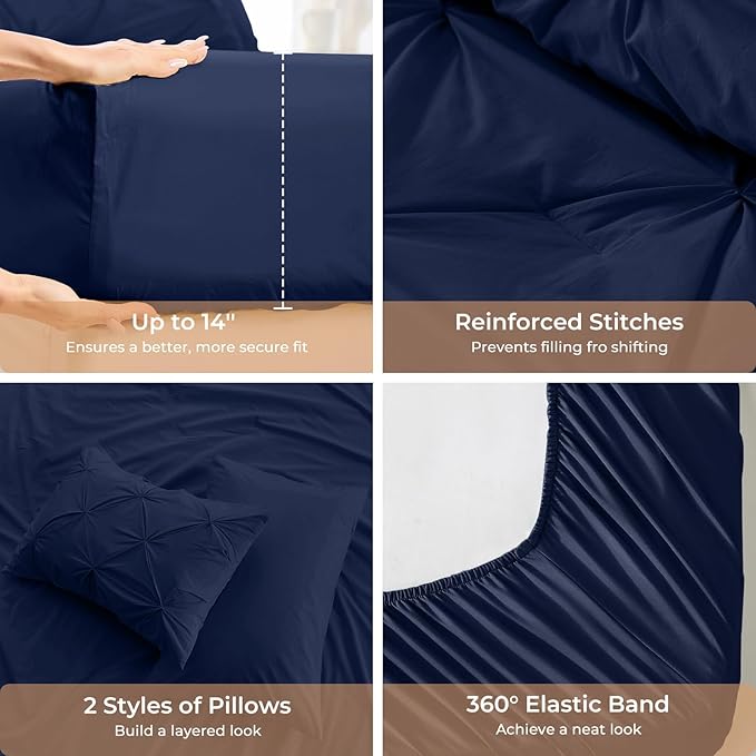 Sasttie Queen Comforter Set, 7-Piece Bed in a Bag, Pintuck Bedding Sets for All Season, Includes Comforter, Flat Sheet, Fitted Sheet, Pillowcases and Pillowshams, Navy