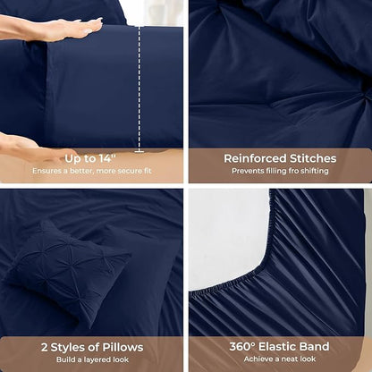 Sasttie Full Size Comforter Set, 7-Piece Bed in a Bag, Pintuck Bedding Sets for All Season, Includes Comforter, Flat Sheet, Fitted Sheet, Pillowcases and Pillowshams, Navy