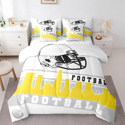 Erosebridal Football 7 Pcs Comforter Set Queen Football City Bedding Teens Grey Yellow Football Fans Sheet Set Bed in A Bag Rugby Game Room Decor Sports Ball Competition Quilt