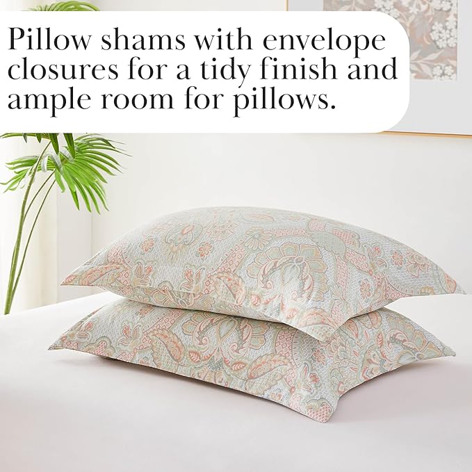 Southshore Fine Living, Inc. Oversized Comforter King Bedding Set, Down Alternative All-Season Warmth, Reversible Bohemian Paisley Bedspread 3-Piece and 2 Matching Shams, California/King, Coral