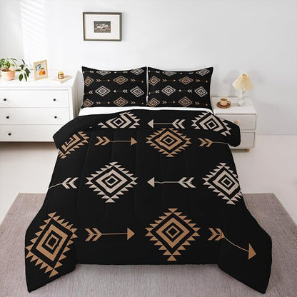 Feelyou Boho Western Comforter Set Brown Black Southwestern Aztec Tribal Full Size Bedding Set for Kids Boys Girls Bohemian Duvet Quilt