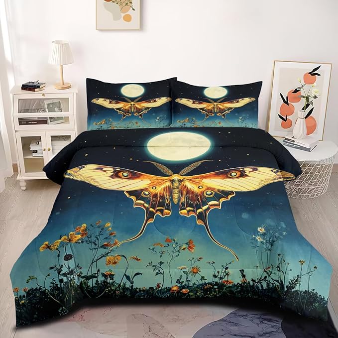 Gothic Moth Comforter Set Queen Size Navy Blue Butterfly Bedding Set Modern Aesthetic Comforters Soft Lightweight Microfiber Comforter Sets for All Season