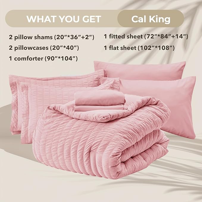 HYMOKEGE Pink California King Comforter Set Seersucker 7 Pieces, All Season Luxury Bed in a Bag for Bedroom, Bedding Set with Comforters, Sheets, Pillowcases & Shams