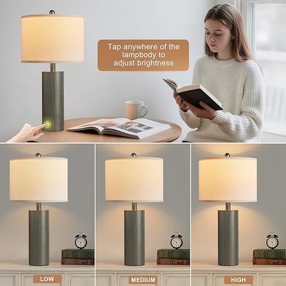 Table Lamps for Living Room Set of 2, 24.5" Modern Table Lamps for Bedroom with USB C+A Ports, Creative Stripe Touch Lamps for Nightstand, 2 Bulbs Included