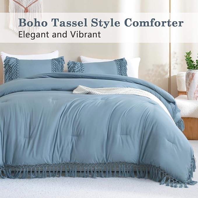 Andency Grayish Blue Comforter Set Queen, 3 Pieces Boho Tassel Lightweight Soft Bedding Comforter Sets, All Season Fluffy Fringe Bed Set (90x90In Comforter & 2 Pillowcases)