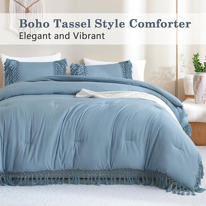 Andency Grayish Blue Full Size Comforter Set, 3 Pieces Boho Tassel Lightweight Soft Bedding Comforter Sets, All Season Fluffy Fringe Bed Set (79x90In Comforter & 2 Pillowcases)