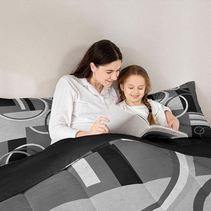 Circles Comforter Set Modern Grey Black White Bedding Sets Full Size Abstract Swirls Square Quilted Duvet Geometric Stripe Duvet Set Modern Creative Soft Down Comforter With 2 Pillow Shams