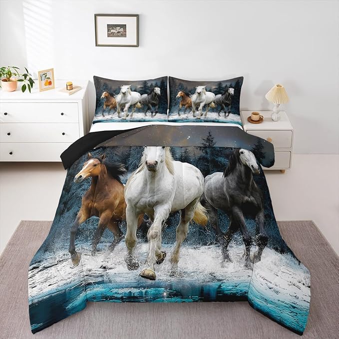 Feelyou Horse Comforter Set Galloping Horse Bedding Set for Kids Boys Girls Wildlife Comforter Farm Animal Quilt Set 1 Comforter Set with 2 Pillowcases Full Size