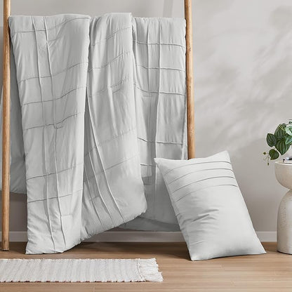 Comfort Spaces Silver Twin Size Comforter Set - 2 Pieces Pintuck Pleated Bedding Sets, All Season Lightweight, Extra Softness Pre-Washed Microfiber Twin Bed Set, Shams, Twin