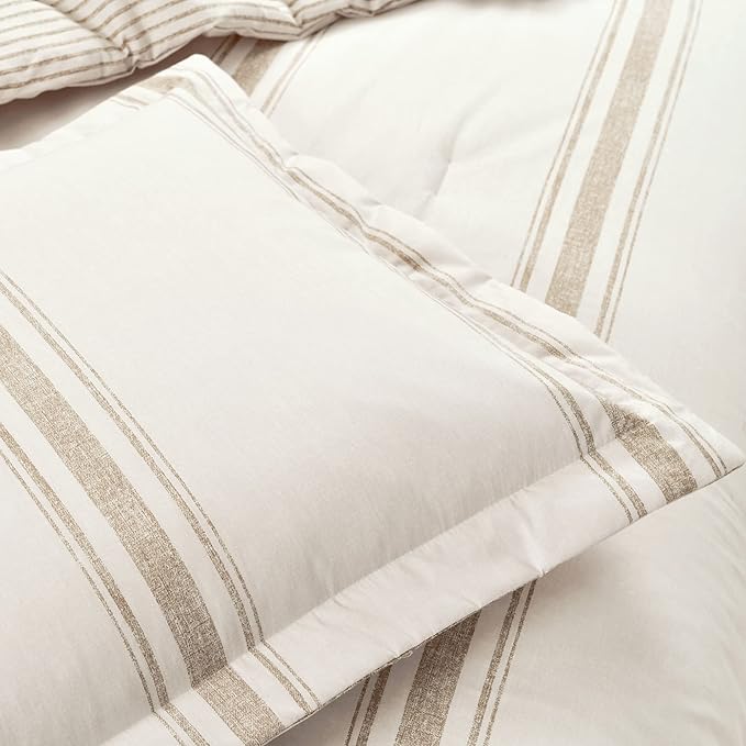 Lush Decor Farmhouse Stripe Reversible Cotton Comforter Set, 2-Piece, Twin XL Neutral - Twin Bedding Set - Dorm Decor - Striped Comforter for Farmhouse Bedroom Decor