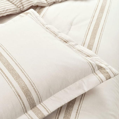 Lush Decor Farmhouse Stripe Reversible Cotton Comforter Set, 2-Piece, Twin XL Neutral - Twin Bedding Set - Dorm Decor - Striped Comforter for Farmhouse Bedroom Decor