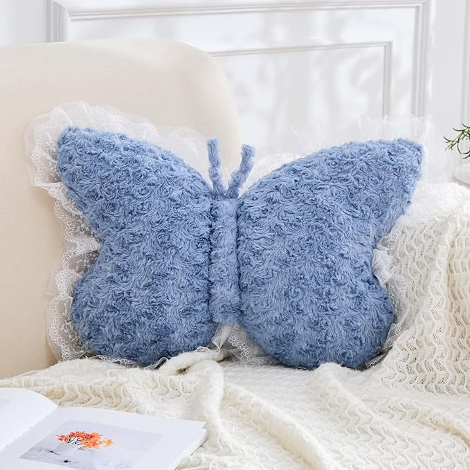 Butterfly Pillow Dusty Blue Decorative Pillows 15" Butterfly Shaped Cute Throw Pillows with Lace Aesthetic Bow Plush Cushion for Room Decor Bed Sofa Couch