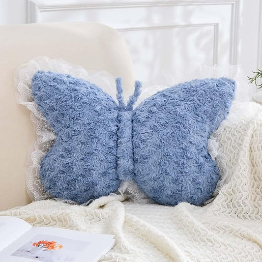 Butterfly Pillow Dusty Blue Decorative Pillows 20" Butterfly Shaped Cute Throw Pillows with Lace Aesthetic Bow Plush Cushion for Room Decor Bed Sofa Couch