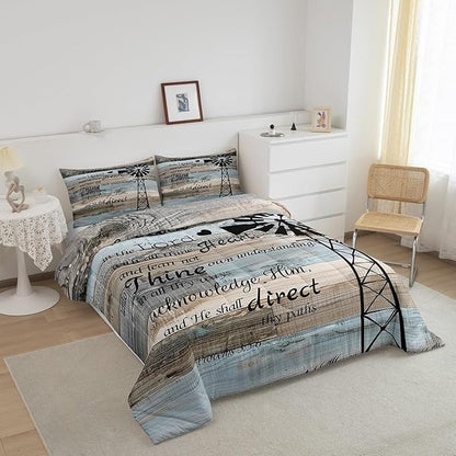 Erosebridal Rustic Wooden Duvet Insert King Farmhouse Windmill Bedding Set Patchwork Country Comforter Set for Kids Boys Girls,Brown Gray Blue Vintage Barn Door Quilt Set Cabin Lodge Decor 3 Pcs