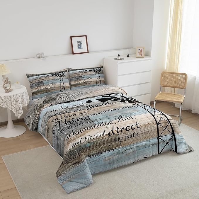 Erosebridal Rustic Wooden Duvet Insert Full Farmhouse Windmill Bedding Set Patchwork Country Comforter Set for Kids Boys Girls,Brown Gray Blue Vintage Barn Door Quilt Set Cabin Lodge Decor 3 Pcs