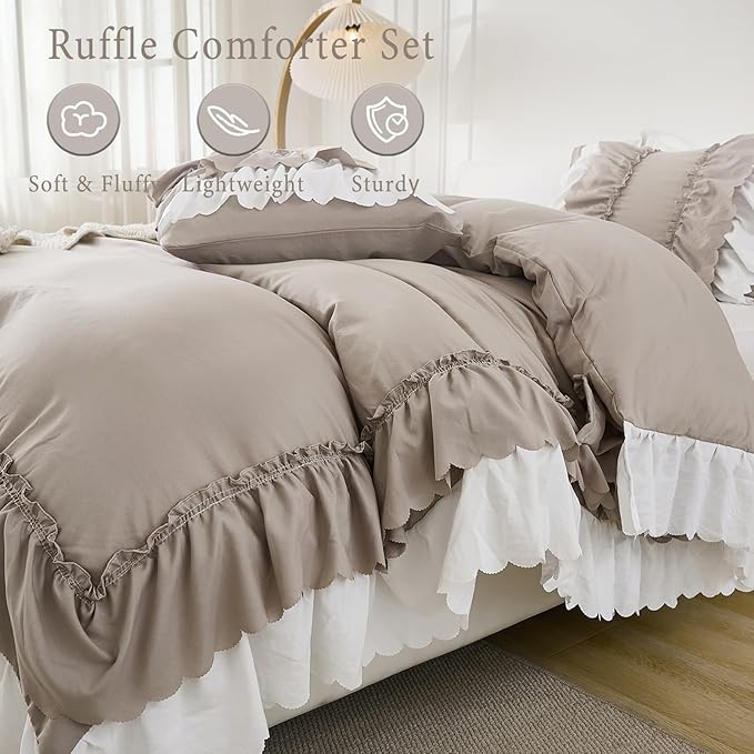 Herside Taupe Ruffle Comforter Set King Size,Shabby Chic Boho Bedding Sets, Soft Fluffy Comforters Sets for All Season,Vintage Ruffled 3 Pcs Microfiber Lightweight Quilt Set for Women Girls