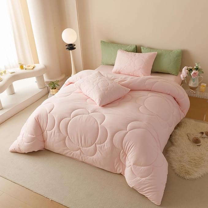 CLOTHKNOW Pink Blush Queen Comforter Set Daisy Puff Bedding Comforter Sets Soft Floral Queen Comforter Pink Comforter with 2 x Pillow Cases