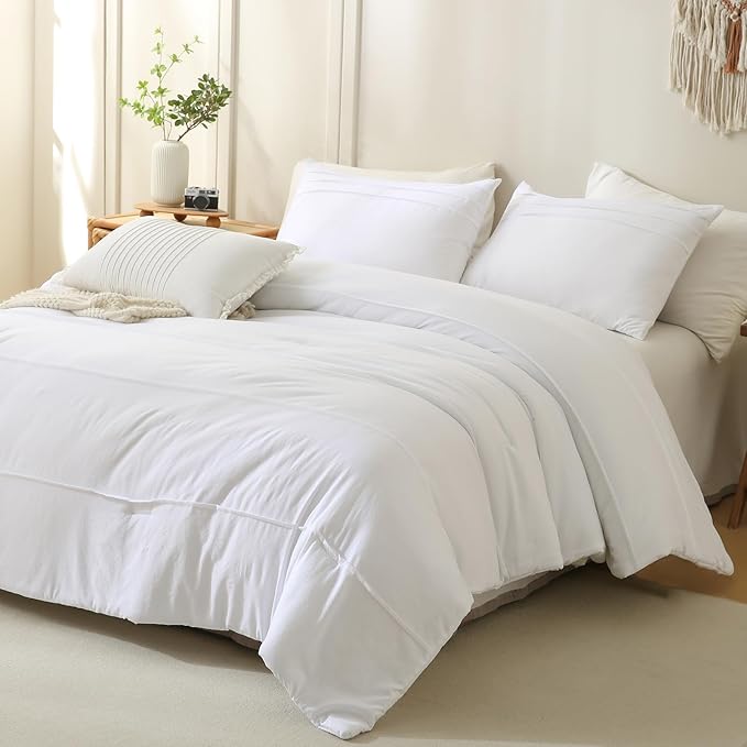 Masaca White Oversized King Comforter Set 120x120,Pinch Pleated Textured California King Bed Comforter Set Rustic Boho Microfiber Extra Large Bedding 3PCS