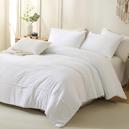 Masaca White Oversized King Comforter Set 120x120,Pinch Pleated Textured California King Bed Comforter Set Rustic Boho Microfiber Extra Large Bedding 3PCS
