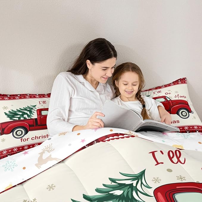 Kids Merry Christmas Bedding Set King Size, Red Truck Pine Comforter Set,Deer Snowflake Pine Plaid Quilted Duvet Cartoon Car Bedspread,2 Pillowcases (CLS56ZMDI-BZ_USk)