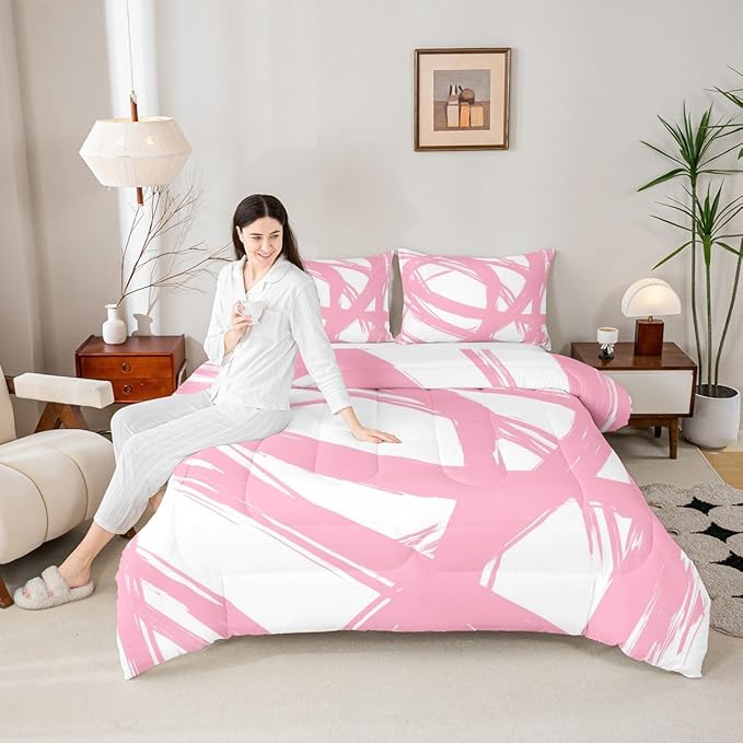 Erosebridal Pink and White Abstarct Queen Comforter Set for Adult Women Men, Geometric Striped Bedding Set for Minimalists,Graffiti Aesthetic Lines Quilt,Contemporary Boho Modern Art Duvet Insert