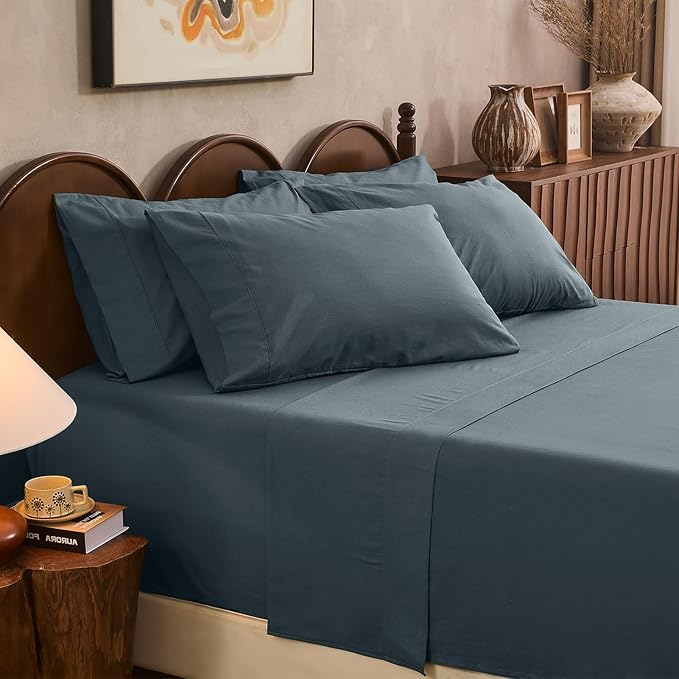 100% Linen Sheet Set Cal King Size Extra Deep Pocket Fits 18-24 Inch Mattress, Breathable & Soft, Smooth 6-Piece Set for Thick Mattresses Hotel Luxury Bedding（Cal King, Navy Grey）