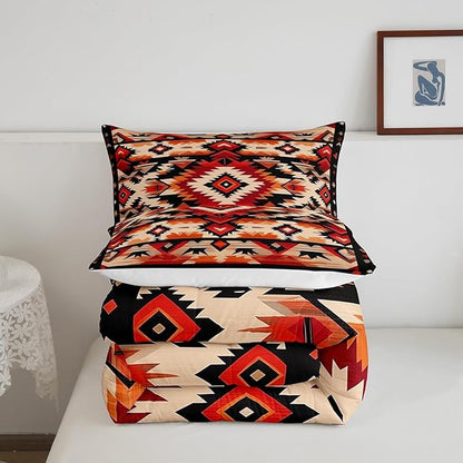 Feelyou Boho Comforter Set King Size Southwest Native American Design Comforter Southwestern Geometric Bedding Set Western Decor Duvet Set Room Decor Hot Orange Quilt Set