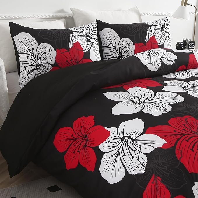 Menghomeus Black Comforter Set Full Red and White Floral Comforter with 2 Pillowcases Modern Bedding Sets Lightweight Boho Bed Set for All Season (1 Comforter, 2 Pillowcases)