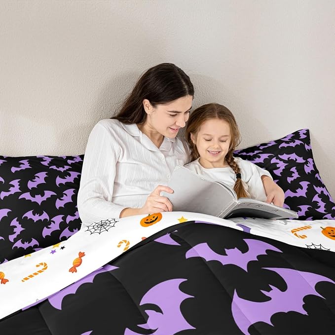 Erosebridal Purple Bat Toddler Comforter Halloween Bat Bedding Set Spooky Goth Gothic Animal Duvet Insert Horror Halloween Bed Sets for Kids Teens Adults