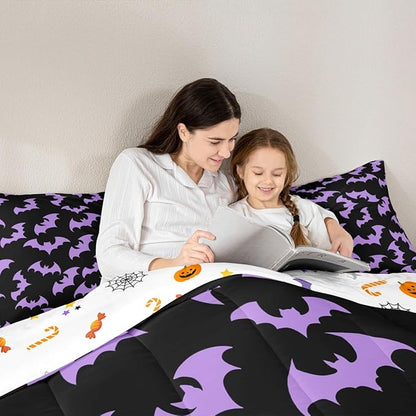 Erosebridal Purple Bat Toddler Comforter Halloween Bat Bedding Set Spooky Goth Gothic Animal Duvet Insert Horror Halloween Bed Sets for Kids Teens Adults
