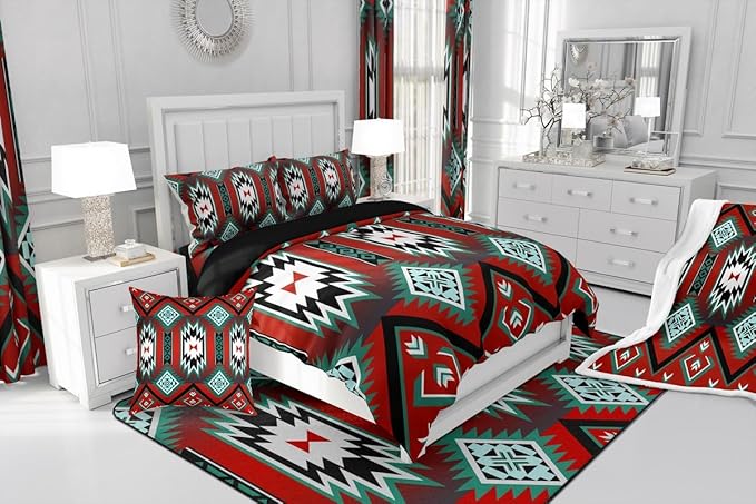 Feelyou Red Western Comforter Set Southwest Native Tribal Bedding Set Toddler Size for Kids Boys Girls Teens Room Decor Geometric Boho West Comforter Soft Microfiber