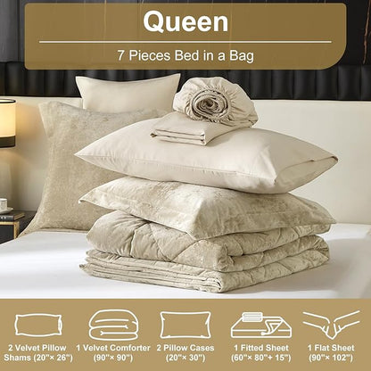 Ivellow Queen Comforter Set 7 Pieces Bed in a Bag Crushed Velvet Comforter Set Flannel Queen Beige Comforter Ultra Soft Breathable Luxury Soft Warm Winter Bedding Set with Sheets, Pillowcases & Shams