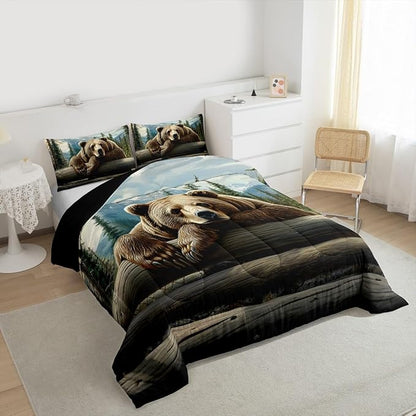 Erosebridal Nature Forest Bear Comforter Set King Size Wild Animals Forest Bedding Set for Child Boys Girls | Rustic Cabin Woodland Brown Bear Comforter Mountain Hunting Wildlife Duvet Insert