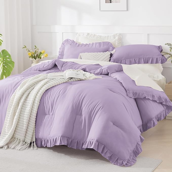 Andency Lavender Ruffle Comforter King(104x90Inch), 3 Pieces(1 Ruffled Comforter and 2 Pillowcases) Solid Farmhouse Shabby Chic Comforter, Vintage Rustic Soft Microfiber Bedding Set