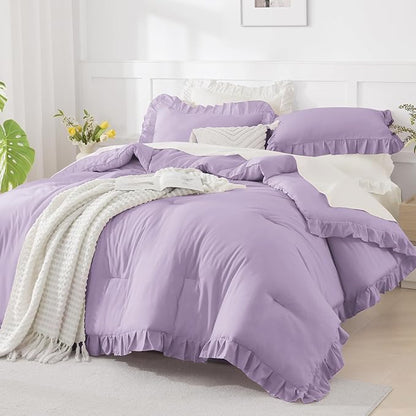 Andency Oversized King Comforter Set 120x98, 3 Pieces Ruffle Shabby Chic Famhouse Bedding Set, All Season Lightweight Fluffy Bed Set for Girls Women, Lavender