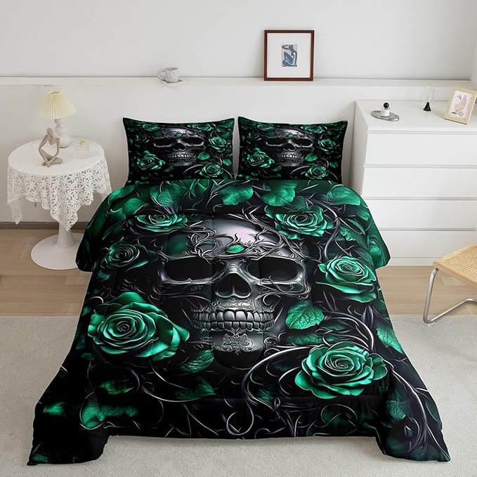 Erosebridal Adults Gothic Comforter Set Bohemian Boho Goth Bedding Full Size Vintage Horror Skull Bed Sets Sage Green Rose Baroque Victorian Romantic Rose Duvet Insert,Halloween Gothic Decor