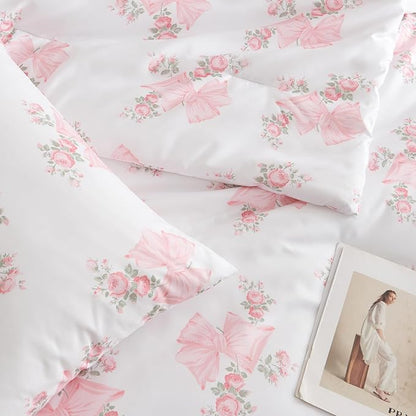 Nayoroom Pink Bow Comforter Set Full Size Pink Floral Bed Comforter for Girls 3 Pieces Soft Lightweight Kids Cute Coquette Bedding Set for All Seasons