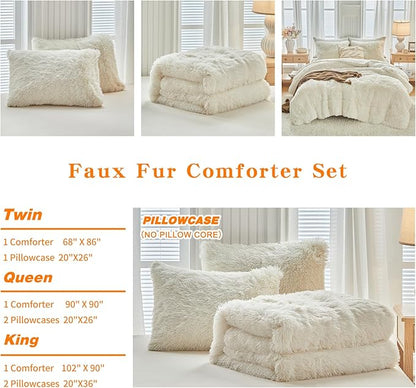Faux Fur Shaggy Comforter Set Queen 3 Pieces - 1 Cream White Comforter Set with Sherpa and 2 Pillowcases, Ultra Soft and Easy Care Luxury Plush Shaggy Super Soft and Warm Beige Duvet Set