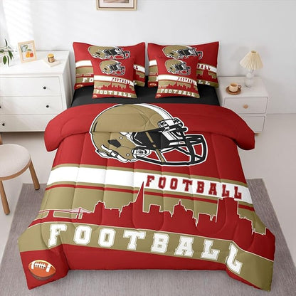 Erosebridal Footballs 7 Pcs Comforter Set Full Football Fans Bedding for Boys Girls Football City Sheet Set Bed in A Bag Red Rugby Competition Room Decor Sports Ball Game Quilt