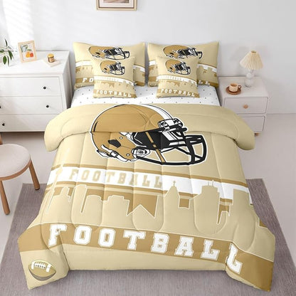 Erosebridal Football 7 Pcs Comforter Set Full Football Fans Bedding for Men Football City Sheet Set Bed in A Bag Yellow Rugby Competition Room Decor Sports Ball Game Quilt