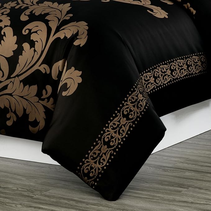 Chezmoi Collection Valor 7-Piece King Bed in a Bag, Black/Gold Luxury Jacquard Floral Comforter with Sheets Set for All Season