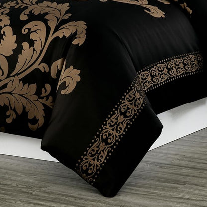 Chezmoi Collection Valor 7-Piece King Bed in a Bag, Black/Gold Luxury Jacquard Floral Comforter with Sheets Set for All Season