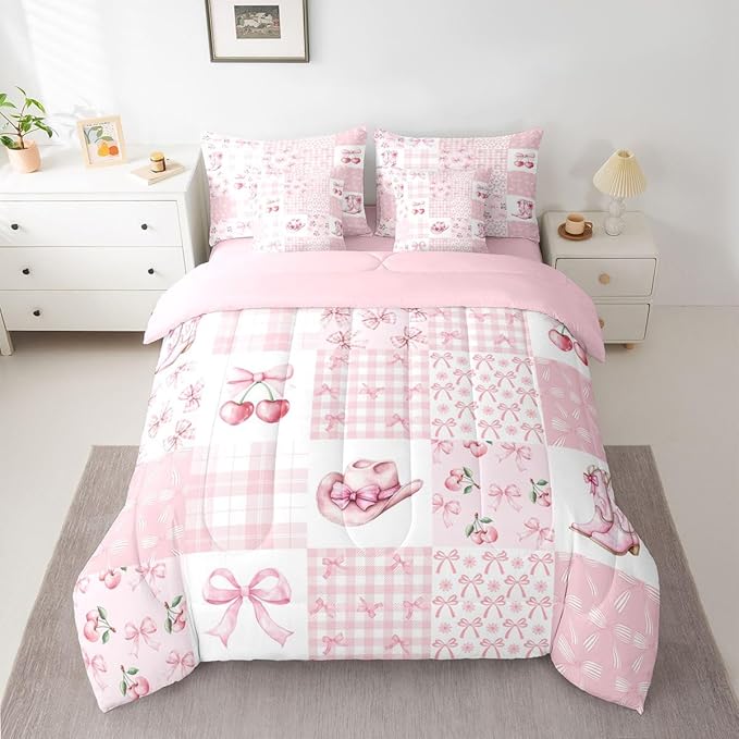 Feelyou Pink Bow Queen Comforter Set with Sheets for Kids Boys Girls Cherry Prints 7 Pieces Bedding Set Cute Bowknot Bed in a Bag Kawaii Room Decor Soft Lightweight Microfiber